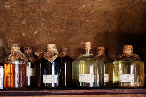 Shelf with potion bottles.